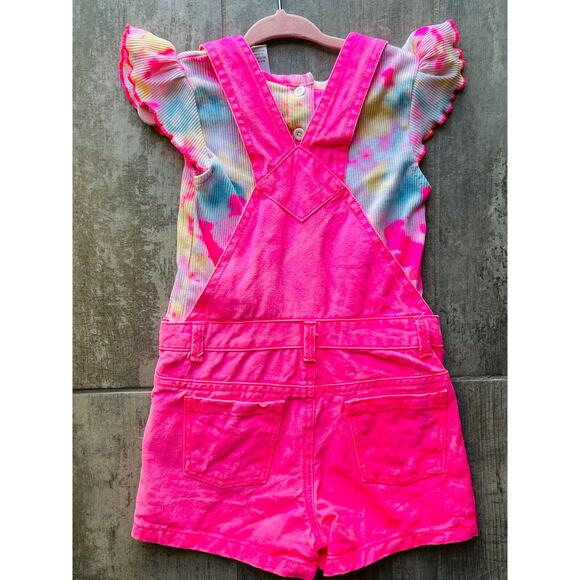 LITTLE LASS Girls 2 Piece Outfit Set Overalls Shortalls Neon Pink Tie Dye LOVE 5 - Picture 6 of 7